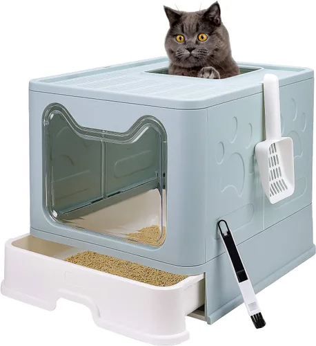 Miniatura 12 de Caja de arena plegable para gatos con tapa, orinal cerrado, inodoro grande de entrada superior antisalpicaduras, fácil de limpiar, incluye pala