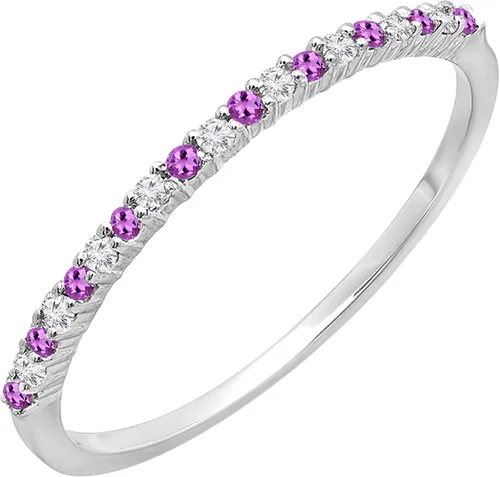 Anillo apilable redondo de oro de 14 quilates con amatista y diamante blanco para mujer