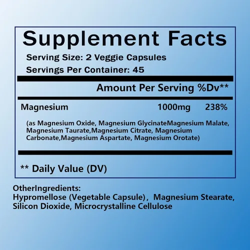 Miniatura 7 de Suplemento complejo de magnesio – 8 magnesio elemental 1000 mg – glicinato, citrato, malato, taurato quelado Fácil absorción, apoyo energético