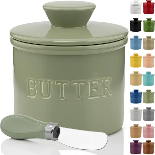Miniatura 26 de Priority Chef Mantequilla grande con tapa con línea de agua, plato de mantequilla francesa de cerámica para dejar en el mostrador, color negro