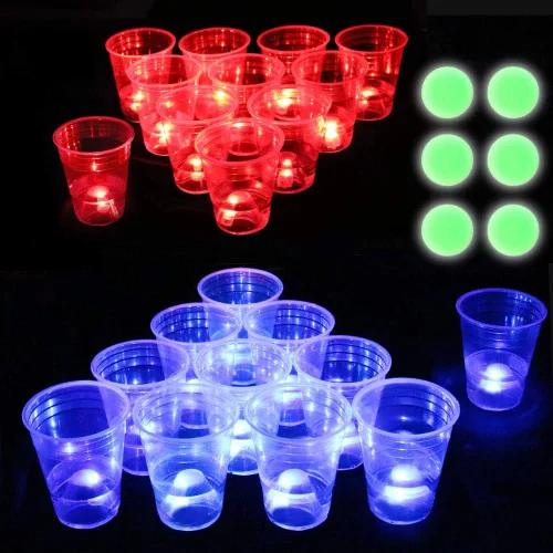 Ahuimeius The Dark Beer Pong - Juego de vasos de cerveza LED con bolas que brillan en la oscuridad, 22 tazas, 22 luces LED (11 rojas, 11 azules), 6