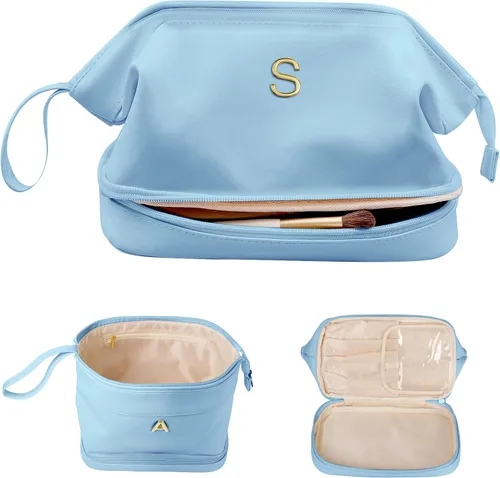 Miniatura 115 de Regalos para mujer, bolsa de maquillaje grande con inicial, artículos esenciales de viaje, bolsa de cosméticos personalizada de doble capa