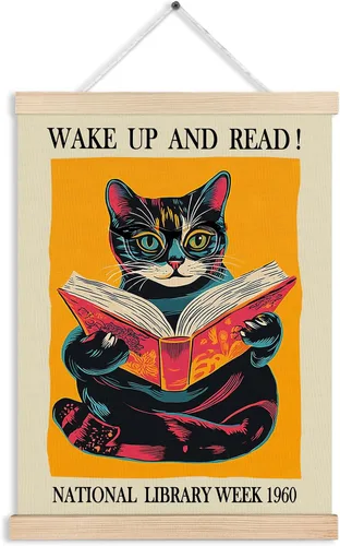 Arte de Pared Vintage de Gato y Libro, Pósteres de Libros, Decoración de Rincón de Lectura de Biblioteca, Arte de Pared en Lienzo de Gato Leyendo