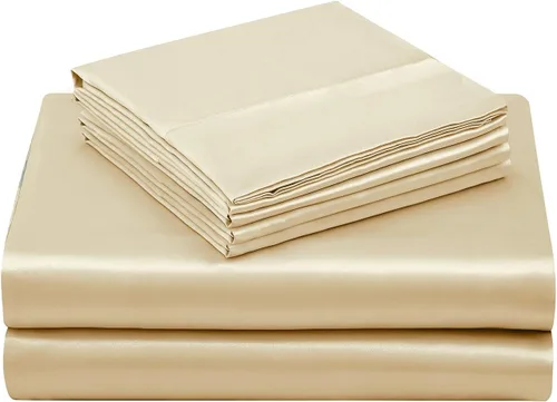 Miniatura 7 de Treely - Juego de 4 piezas de sábanas de satén tamaño individual sedoso y suave en color beige con bolsillo profundo, sábana bajera ajustada, sábana