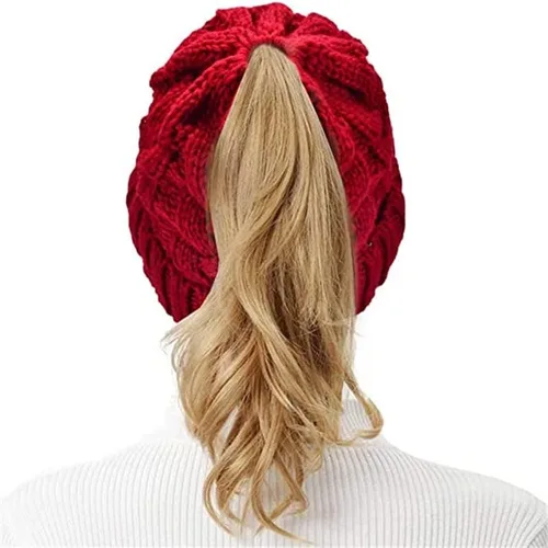 Miniatura 7 de Rosoz Gorro de cola de caballo para mujer, gorro cálido de invierno, suave, elástico, de punto trenzado, para moño alto