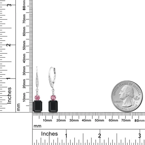 Miniatura 2 de Gem Stone King Aretes colgantes de plata de ley 925 de ónix negro octágono rosa cultivado en laboratorio de 492 quilates para mujer Gema Metal