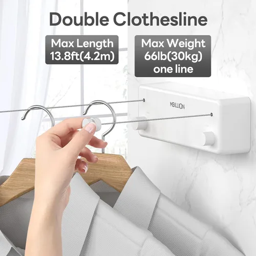 Miniatura 2 de Mbillion Tendedero retráctil de acero inoxidable de 13.8 pies, línea de ropa doble retráctil para interiores, resistente, línea de lavandería
