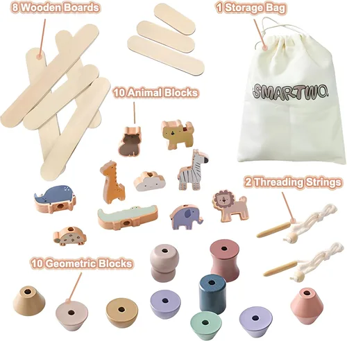 Miniatura 5 de Juguetes de animales de madera con cuentas para enhebrar y abrochar para niños de 3, 4 y 5 años, bloques apilables y juguete de equilibrio, juguete