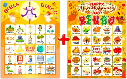 Juego de bingo para 24 jugadores para niños, juego de bingo bíblico y tarjetas de bingo de Acción de Gracias para actividades familiares, escuela,