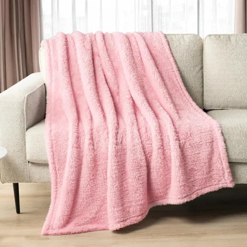 Miniatura 2 de PAVILIA Manta de sherpa para sofá, manta de felpa cálida y esponjosa rosa claro para cama, acogedora manta súper suave y ligera, manta decorativa