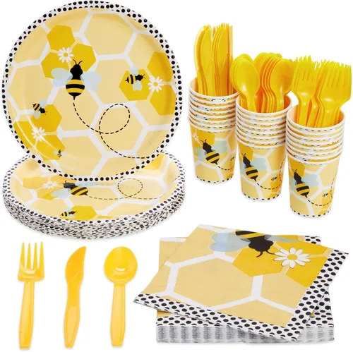 BLUE PANDA Bumble Bee - Juego de 144 piezas, negro dorado y blanco, decoración de fiesta temática de abejas y platos desechables, tazas,