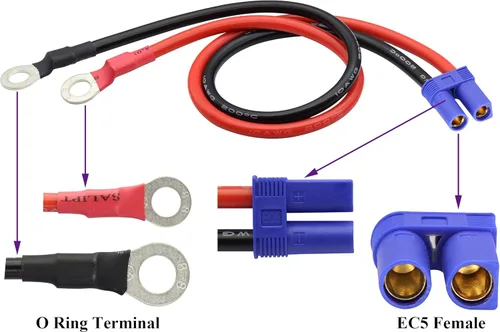 Miniatura 3 de Cable de Terminal EC5 a Anillo O, Cable Conector de Enchufe de Terminal de Ojal EC5 Hembra a Anillo O 10AWG RC ESC Cargador Lateral de Alimentación