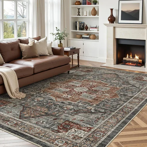 Miniatura 22 de Roxstand Alfombras de 2,44 x 3,05 m para sala de estar, alfombra vintage lavable con respaldo antideslizante, alfombra grande resistente a manchas