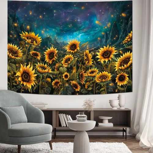 Miniatura 3 de Heynvioo Tapiz de girasol, galaxia, espacio, otoño, amarillo, floral, plantas, tapices, cielo estrellado, montaña, naturaleza, tapices para colgar