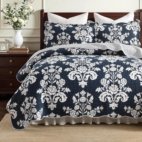 Miniatura 11 de Juego de edredón gris pardo tamaño King, edredones 100% algodón, diseño floral y a rayas, juego de ropa de cama reversible gris topo y blanco, juego