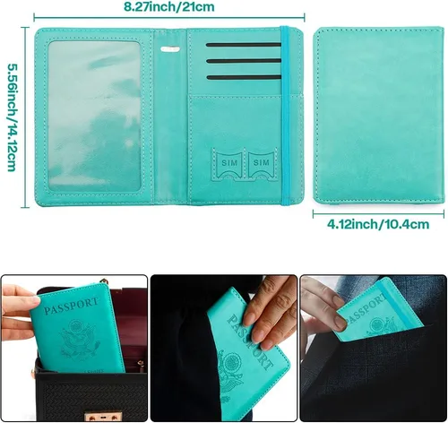 Miniatura 2 de Soporte para pasaporte y tarjetero de vacuna, cartera para pasaporte, funda para pasaporte con bloqueo RFID, Azul lago, Compacto
