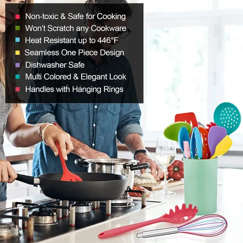 Miniatura 3 de LIANYU Utensilios de cocina de silicona de 12 piezas con soporte, juego de herramientas de cocina incluye espátula ranurada, cuchara, cucharón