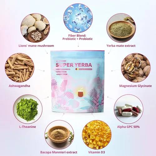 Miniatura 4 de ZOOONE Súper Yerba Mate té en polvo instantáneo 30 sobres - Sabor a limonada de frambuesa Porciones Energía limpia y enfoque Mejora la niebla