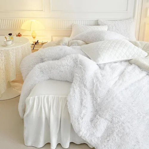 Miniatura 6 de UOZZI BEDDING Juego de edredón blanco de piel sintética tamaño Queen de 3 piezas, 1 juego de edredón blanco lanudo y 2 fundas de almohada, ultra
