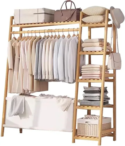 Miniatura 12 de Bamboo Coat Rack with Storage Rack,Freestanding Clothes Rack with Storage Bag,Wood Closet Shelf with Hanging Rod,Clothes Storage Organizer