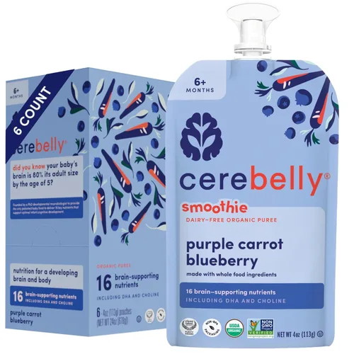 Cerebelly Bolsas de comida orgánica para bebés, purés de batido de zanahoria morada y arándanos, 16 nutrientes, sin azúcar añadido, sin OMG,