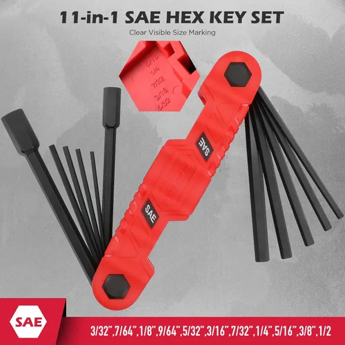 Miniatura 3 de Juego de llaves hexagonales plegables de 11 piezas grandes SAE (3/32"-1/2"), juego de llaves Allen resistentes, herramienta portátil para tiro