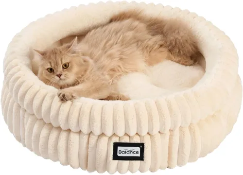 BALANCE Cama para gatos, cama redonda lavable para gatos de interior, cama de felpa súper suave de piel sintética para cachorros y gatitos con parte