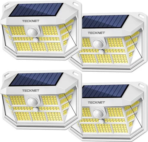 Miniatura 11 de TECKNET 231 luces LED solares de movimiento al aire libre impermeables, juego de 4 unidades con ángulo de 300° y 3 modos de iluminación, luces