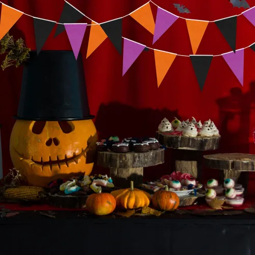 Miniatura 6 de Tatuo Banderín de Halloween de 656 pies, 20 unidades, bandera triangular, morado, naranja, negro, banderines de tela, banderines de tela para fiesta