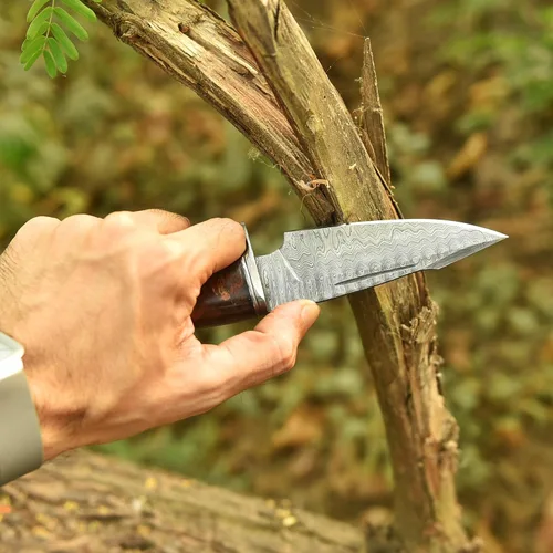 Miniatura 4 de Cuchillo de caza de 10 pulgadas – Cuchillos de hoja fija hechos a mano de acero de Damasco – Mango de madera de nogal y funda de cuero – Cuchillo