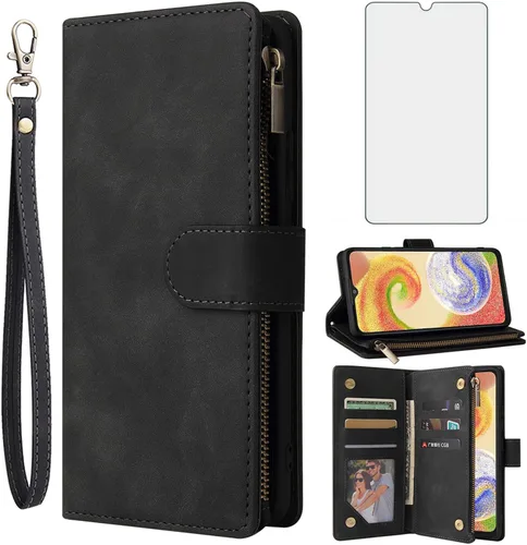 Asuwish Compatible con Samsung Galaxy A04e - Funda tipo cartera, protector de pantalla de vidrio templado y funda de cuero con tapa para tarjetero,