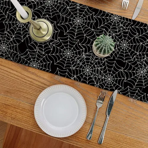Miniatura 3 de Camino de mesa de Halloween, tela de araña, lino negro, caminos de mesa para vacaciones de temporada, interiores y exteriores, cocina, comedor