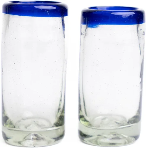 Miniatura 4 de Specialty - Vasos de tequila mexicanos, soplados a mano con color y textura únicos, juego de 4 piezas (borde azul)