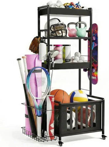 Miniatura 9 de Faesun Organizador de equipos deportivos de garaje, estante de almacenamiento para bolsas de golf, soporte de pelota resistente con cesta y ganchos