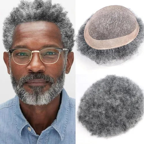Miniatura 9 de HAPPY&CC Afro - Sistema de piezas de cabello humano tipo toupee para hombre, encaje suizo duradero con poliuretano para hombre, peluca tipo tupé #1