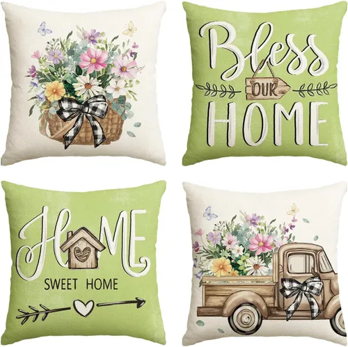 Miniatura 18 de AVOIN colorlife - Fundas de cojín estilo granja con mensaje Bless Our Home, diseño de hojas de eucalipto y camión azul Home Sweet Home, 16 x 16