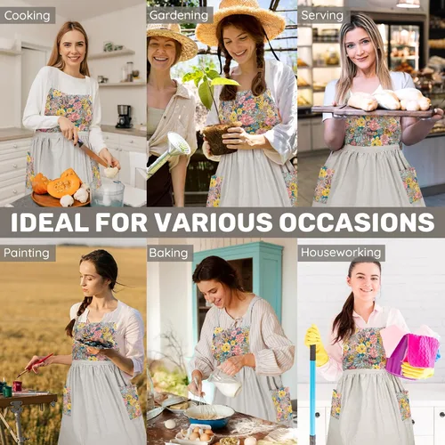 Miniatura 7 de Pinafore Dress Apron for Women Vintage Ruffle Chef Apron with Pockets and Long Ties, Cross Back Cute Kitchen Apron