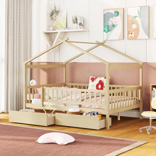Miniatura 9 de Cama de casa con nido y valla, camas de tamaño matrimonial estilo Montessori con barandillas, marco de cama de madera para niños, niñas, niños