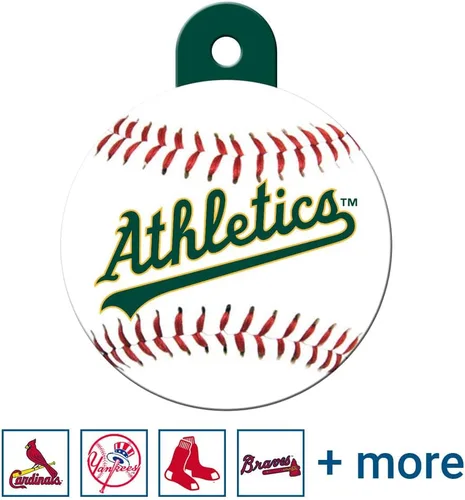 GoTags MLB Oakland A - Etiquetas de identificación personalizadas para mascotas, con forma de béisbol redonda, latón macizo, grabadas