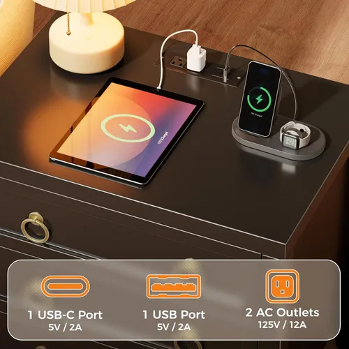 Miniatura 3 de Huuger Mesita de noche de 23.6 pulgadas con estación de carga y puerto USB-C, mesita de noche de 3 cajones, mesita de noche más grande y ancha, mesa