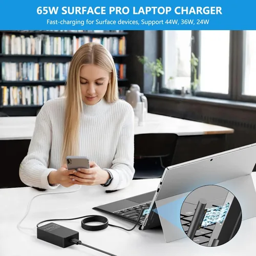 Miniatura 5 de Adaptador de fuente de alimentación para cargador de laptop Surface Pro de 65 W para Microsoft Surface Pro 11/10/9/8/7+/7/6/5/4/3, Surface Book