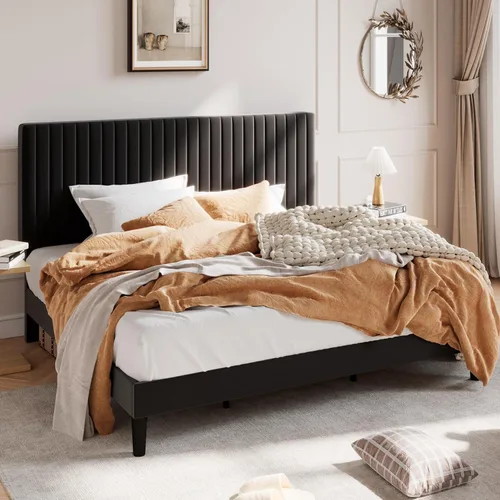 Miniatura 12 de SHA CERLIN - Base de cama tamaño Queen tapizada con plataforma y cabecera acolchada de terciopelo con canales verticales ajustables, soporte