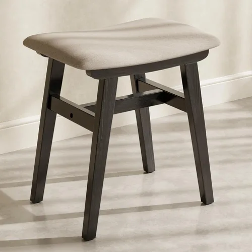 Muwuele Taburete de tocador de madera maciza, silla de maquillaje compacta con cojín de sillín, asiento de esponja de alto rebote cubierto de lino,