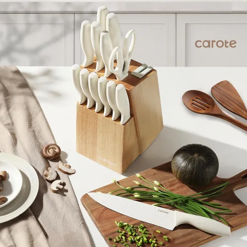 Miniatura 8 de CAROTE Juego de 15 piezas de cuchillos, juego de bloque de cuchillos de cocina, elegantes cuchillas con revestimiento cerámico blanco con elegante