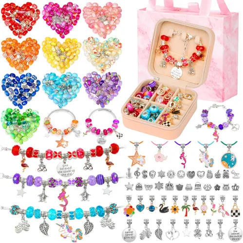 Thrilez Kit de fabricación de joyas de 177 piezas, kit de fabricación de pulseras con dijes, regalos de manualidades y manualidades con caja