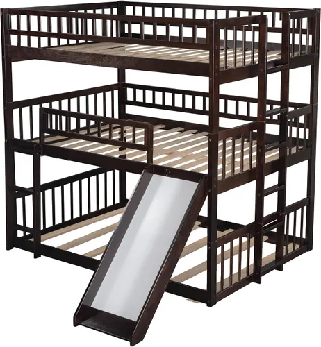 Miniatura 6 de Harper & Bright Designs Literas triples con tobogán, 3 literas de tamaño matrimonial sobre cama matrimonial sobre cama matrimonial, cama triple