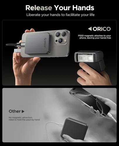 Miniatura 7 de ORICO 256GB SSD Magnético Portátil, Cuerpo de Metal, Grabación y Almacenamiento ProRes HDR de 4K 120 fps, Hasta 460MB/s, Cable USB C&A 2 en 1, SSD