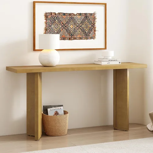Miniatura 16 de Elegante mesa consola de 63 pulgadas con chapa de pino y patas geométricas, aparador de buffet versátil, mesa auxiliar de madera extra larga