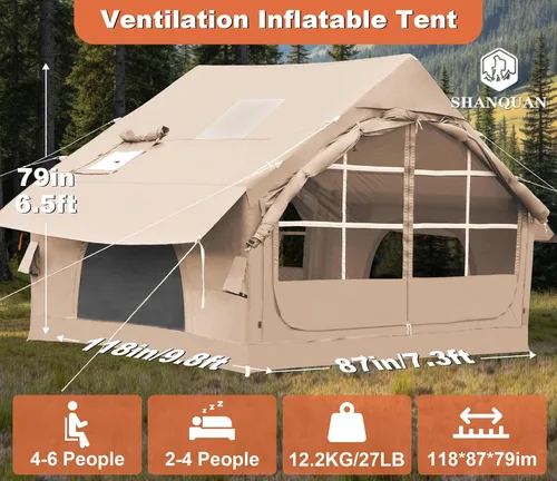 Miniatura 7 de Tiendas de campaña inflables para acampar con gato de estufa, 2/4/6/8 personas, fácil instalación, tiendas de campaña inflables para 4 estaciones
