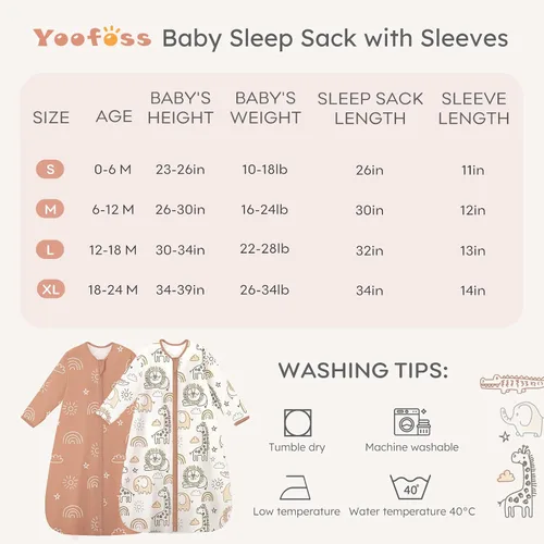 Miniatura 6 de Yoofoss - Saco de dormir para bebé de 0 a 6 meses, manta de manga larga para bebé, 100% algodón, TOG 0.5, cremallera de 2 vías, saco de dormir